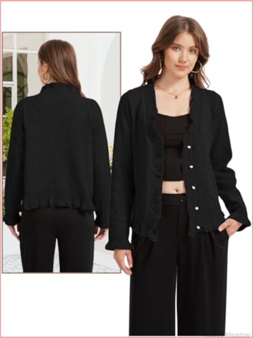 V Neck Button Up Cropped Cardigan Sweater Long Sleeve Ruffle Hem Knit Top - Picture 2 of 6